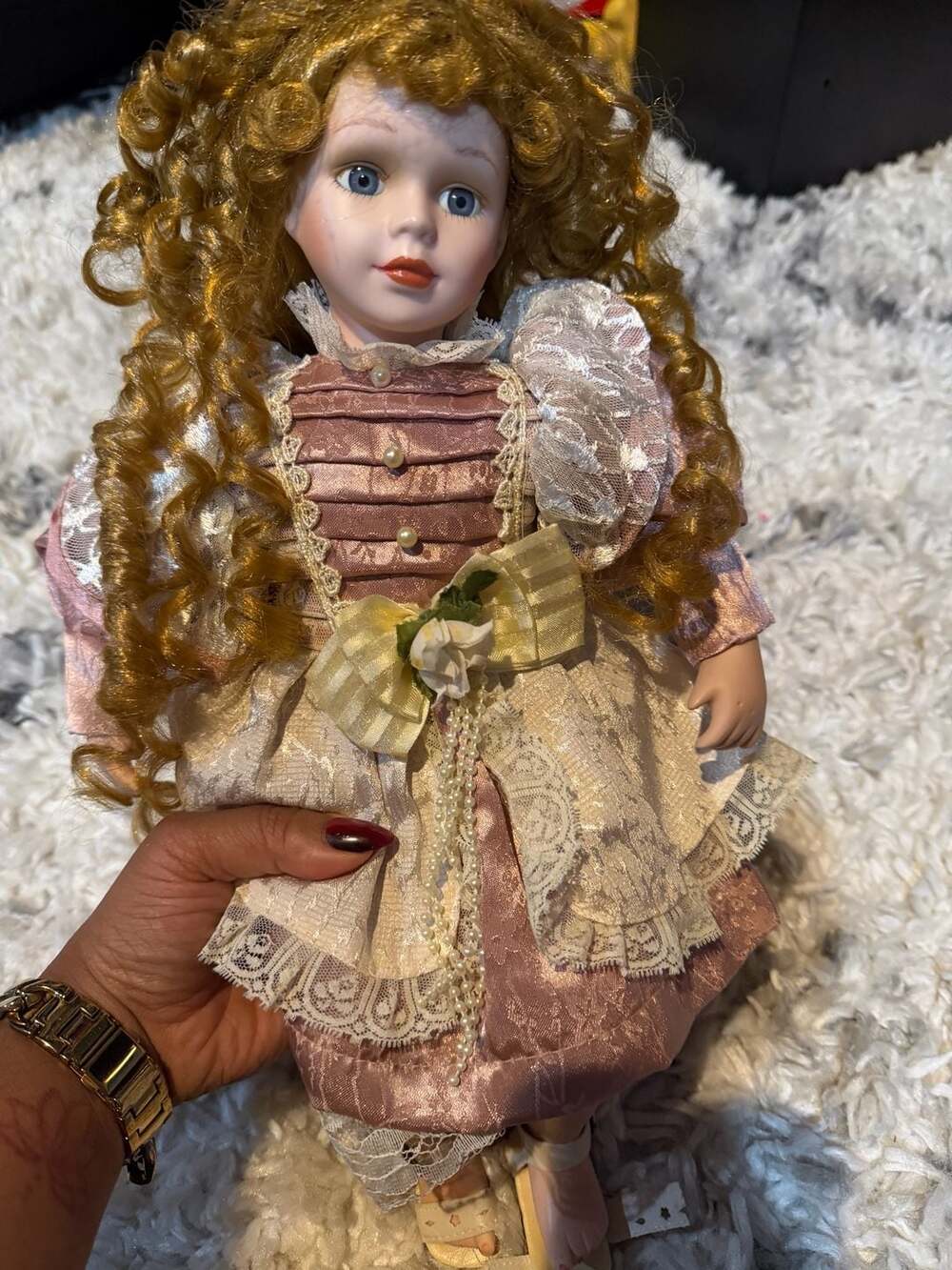 Vintage Bisque Porcelain Collector Doll with Curly Blonde Hair